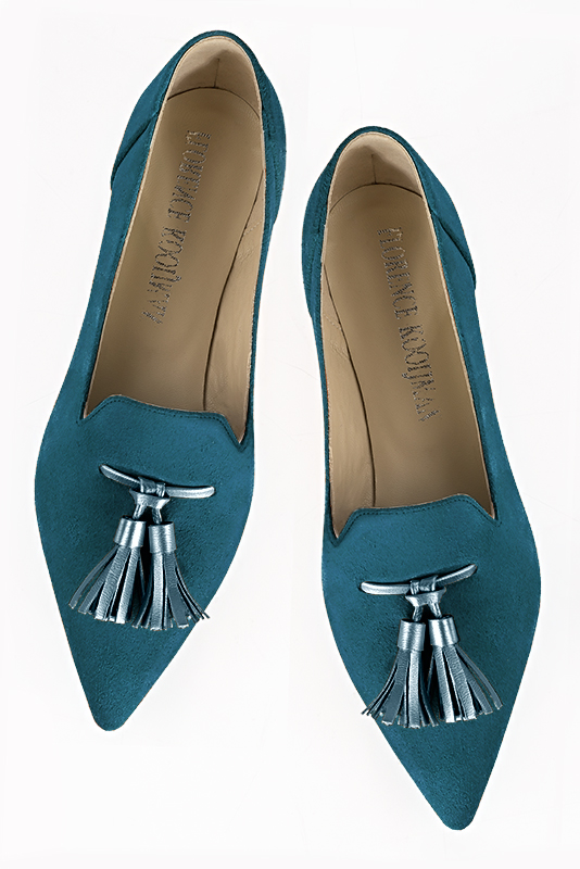 Peacock blue women's loafers with pompons. Pointed toe. Flat flare heels. Top view - Florence KOOIJMAN